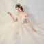 Chic / Belle Champagne La Mariée Robe De Mariée 2020 Robe Boule De l'épaule Manches Courtes Dos Nu Appliques En Dentelle Fleur Paillettes Perlage Cathedral Train Volants