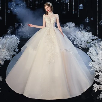 Vintage Originale Champagne Organza La Mariée Robe De Mariée 2020 Robe Boule Transparentes Col Haut Manches Courtes Dos Nu Appliques En Dentelle Perlage Cathedral Train Volants