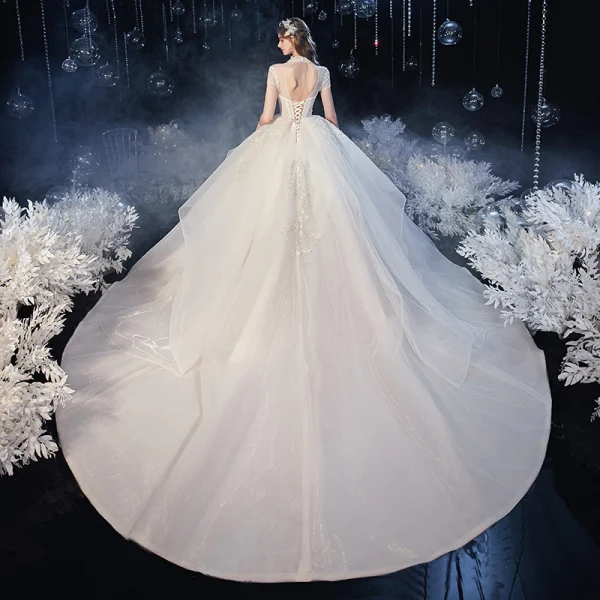 Vintage / Retro Champagne Organza Bridal Wedding Dresses 2020 Ball Gown See-through High Neck Short Sleeve Backless Appliques Lace Beading Cathedral Train Ruffle