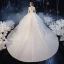 Vintage / Retro Champagne Organza Bridal Wedding Dresses 2020 Ball Gown See-through High Neck Short Sleeve Backless Appliques Lace Beading Cathedral Train Ruffle