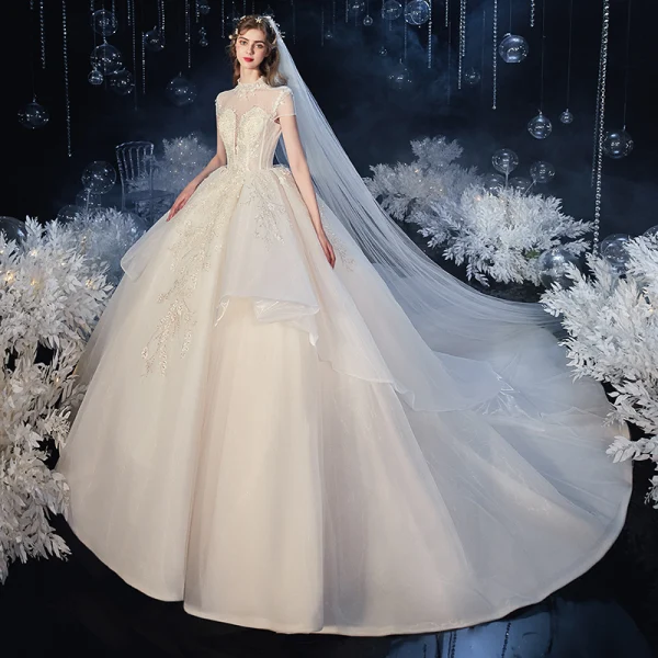 Vintage / Retro Champagne Organza Bridal Wedding Dresses 2020 Ball Gown See-through High Neck Short Sleeve Backless Appliques Lace Beading Cathedral Train Ruffle