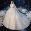Vintage / Retro Champagne Organza Bridal Wedding Dresses 2020 Ball Gown See-through High Neck Short Sleeve Backless Appliques Lace Beading Cathedral Train Ruffle