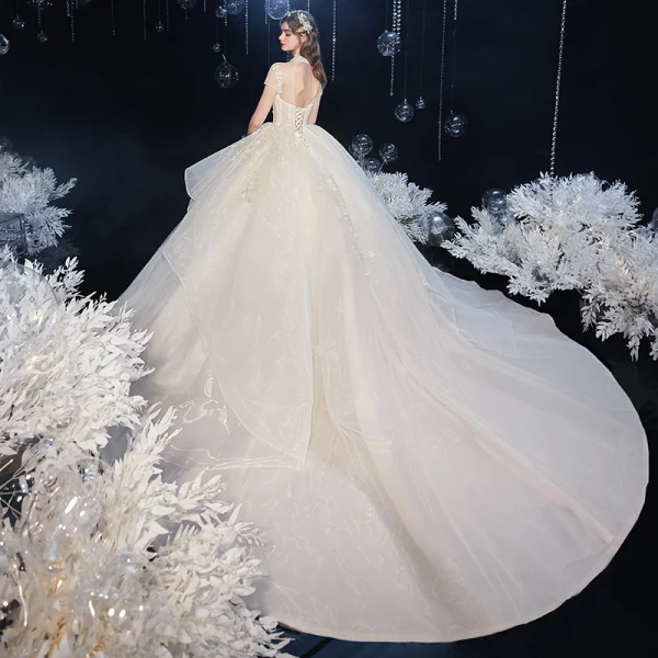 Vintage / Retro Champagne Organza Bridal Wedding Dresses 2020 Ball Gown See-through High Neck Short Sleeve Backless Appliques Lace Beading Cathedral Train Ruffle