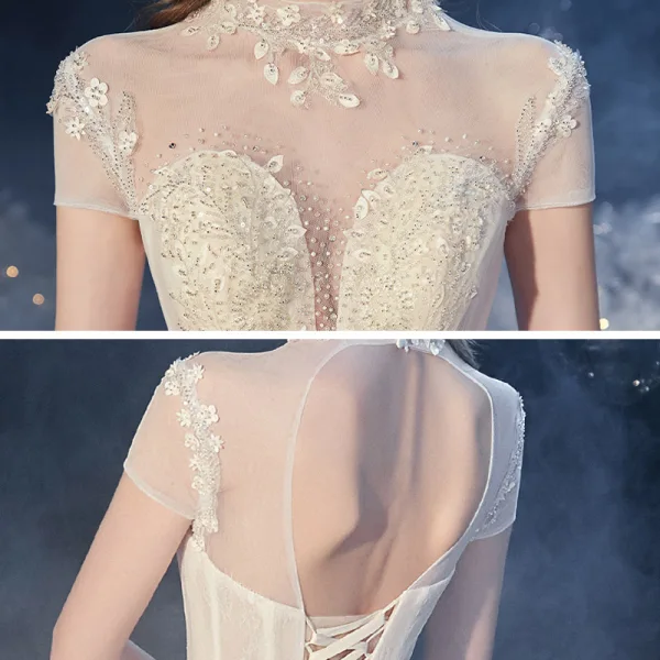 Vintage / Retro Champagne Organza Bridal Wedding Dresses 2020 Ball Gown See-through High Neck Short Sleeve Backless Appliques Lace Beading Cathedral Train Ruffle