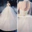 Vintage / Retro Champagne Organza Bridal Wedding Dresses 2020 Ball Gown See-through High Neck Short Sleeve Backless Appliques Lace Beading Cathedral Train Ruffle