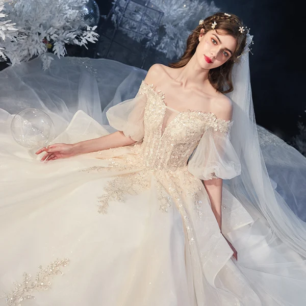 Victorian Style Champagne Bridal Wedding Dresses 2020 Ball Gown Off-The-Shoulder Puffy 1/2 Sleeves Backless Appliques Lace Beading Glitter Tulle Cathedral Train Ruffle