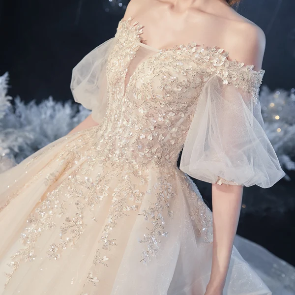 Victorian Style Champagne Bridal Wedding Dresses 2020 Ball Gown Off-The-Shoulder Puffy 1/2 Sleeves Backless Appliques Lace Beading Glitter Tulle Cathedral Train Ruffle