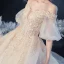 Victorian Style Champagne Bridal Wedding Dresses 2020 Ball Gown Off-The-Shoulder Puffy 1/2 Sleeves Backless Appliques Lace Beading Glitter Tulle Cathedral Train Ruffle