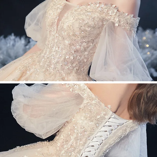 Victorian Style Champagne Bridal Wedding Dresses 2020 Ball Gown Off-The-Shoulder Puffy 1/2 Sleeves Backless Appliques Lace Beading Glitter Tulle Cathedral Train Ruffle