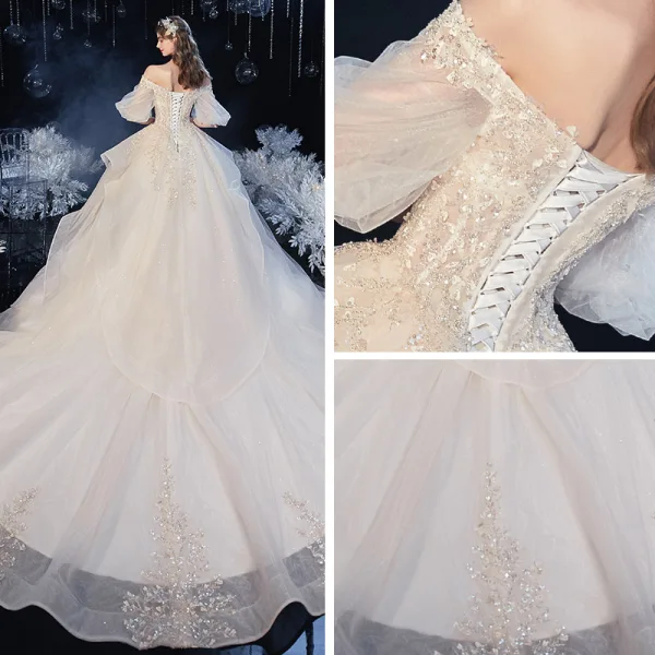 Victorian Style Champagne Bridal Wedding Dresses 2020 Ball Gown Off-The-Shoulder Puffy 1/2 Sleeves Backless Appliques Lace Beading Glitter Tulle Cathedral Train Ruffle