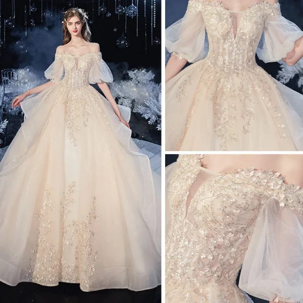 Victorian Style Champagne Bridal Wedding Dresses 2020 Ball Gown Off-The-Shoulder Puffy 1/2 Sleeves Backless Appliques Lace Beading Glitter Tulle Cathedral Train Ruffle
