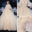 Victorian Style Champagne Bridal Wedding Dresses 2020 Ball Gown Off-The-Shoulder Puffy 1/2 Sleeves Backless Appliques Lace Beading Glitter Tulle Cathedral Train Ruffle