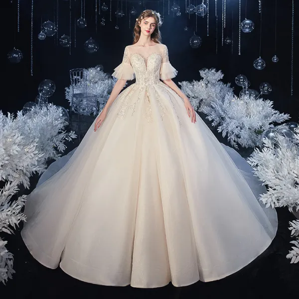 Elegant Champagne See-through Bridal Wedding Dresses 2020 Ball Gown Square Neckline 1/2 Sleeves Bell sleeves Backless Appliques Lace Beading Glitter Tulle Cathedral Train Ruffle