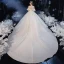 Élégant Champagne Transparentes La Mariée Robe De Mariée 2020 Robe Boule Encolure Carrée 1/2 Manches Manches de cloche Dos Nu Appliques En Dentelle Perlage Glitter Tulle Cathedral Train Volants