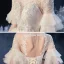 Élégant Champagne Transparentes La Mariée Robe De Mariée 2020 Robe Boule Encolure Carrée 1/2 Manches Manches de cloche Dos Nu Appliques En Dentelle Perlage Glitter Tulle Cathedral Train Volants