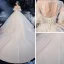 Élégant Champagne Transparentes La Mariée Robe De Mariée 2020 Robe Boule Encolure Carrée 1/2 Manches Manches de cloche Dos Nu Appliques En Dentelle Perlage Glitter Tulle Cathedral Train Volants