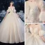 Élégant Champagne Transparentes La Mariée Robe De Mariée 2020 Robe Boule Encolure Carrée 1/2 Manches Manches de cloche Dos Nu Appliques En Dentelle Perlage Glitter Tulle Cathedral Train Volants