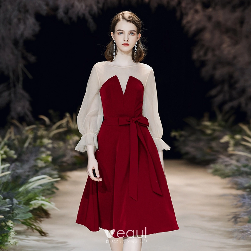 burgundy knee length dress Burgundy A Line Short Prom Dress, Burgundy Homecoming Dresses Custom Size / Burgundy main image 0