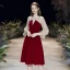 Modest / Simple Burgundy See-through Homecoming Graduation Dresses 2020 A-Line / Princess Scoop Neck Puffy 3/4 Sleeve Knee-Length Ruffle Backless Formal Dresses