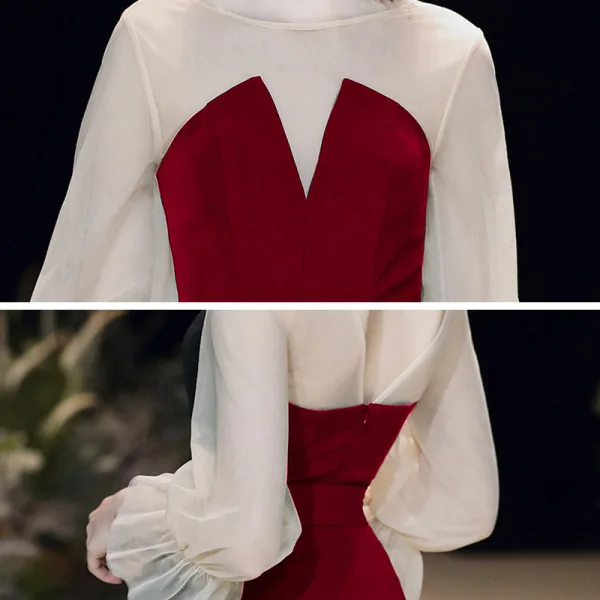 Modest / Simple Burgundy See-through Homecoming Graduation Dresses 2020 A-Line / Princess Scoop Neck Puffy 3/4 Sleeve Knee-Length Ruffle Backless Formal Dresses