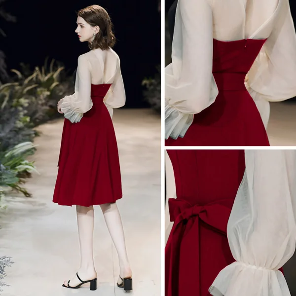 Modest / Simple Burgundy See-through Homecoming Graduation Dresses 2020 A-Line / Princess Scoop Neck Puffy 3/4 Sleeve Knee-Length Ruffle Backless Formal Dresses