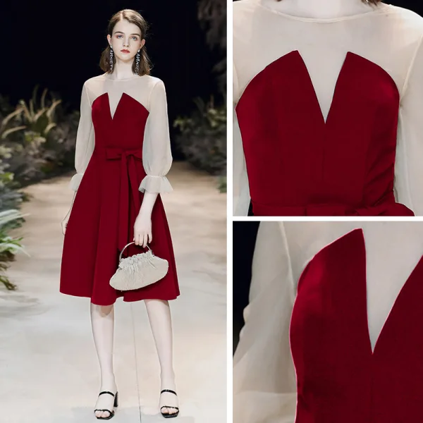Modest / Simple Burgundy See-through Homecoming Graduation Dresses 2020 A-Line / Princess Scoop Neck Puffy 3/4 Sleeve Knee-Length Ruffle Backless Formal Dresses