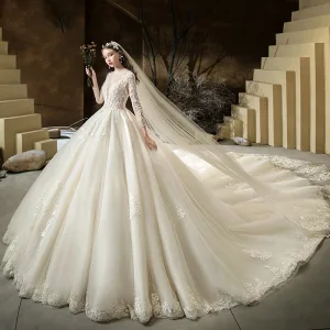 Illusion Champagne Genomskinliga Brud Bröllopsklänningar 2020 Balklänning Urringning 3 4 Ärm Halterneck Pierced Appliqués Spets Beading Cathedral Train Ruffle