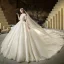Illusion Champagne See-through Bridal Wedding Dresses 2020 Ball Gown Scoop Neck 3/4 Sleeve Backless Pierced Appliques Lace Beading Cathedral Train Ruffle