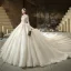 Illusion Champagne See-through Bridal Wedding Dresses 2020 Ball Gown Scoop Neck 3/4 Sleeve Backless Pierced Appliques Lace Beading Cathedral Train Ruffle