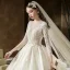 Illusion Champagne See-through Bridal Wedding Dresses 2020 Ball Gown Scoop Neck 3/4 Sleeve Backless Pierced Appliques Lace Beading Cathedral Train Ruffle