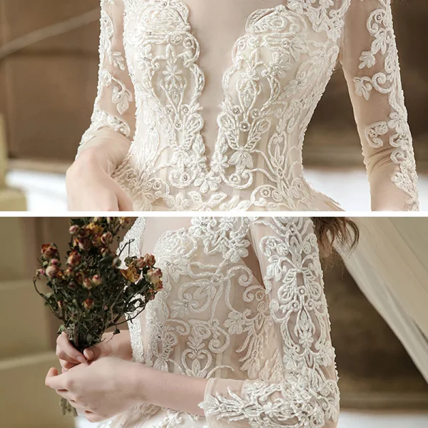 Illusion Champagne See-through Bridal Wedding Dresses 2020 Ball Gown Scoop Neck 3/4 Sleeve Backless Pierced Appliques Lace Beading Cathedral Train Ruffle