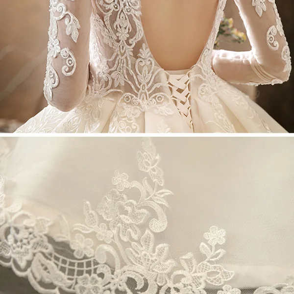 Illusion Champagne See-through Bridal Wedding Dresses 2020 Ball Gown Scoop Neck 3/4 Sleeve Backless Pierced Appliques Lace Beading Cathedral Train Ruffle
