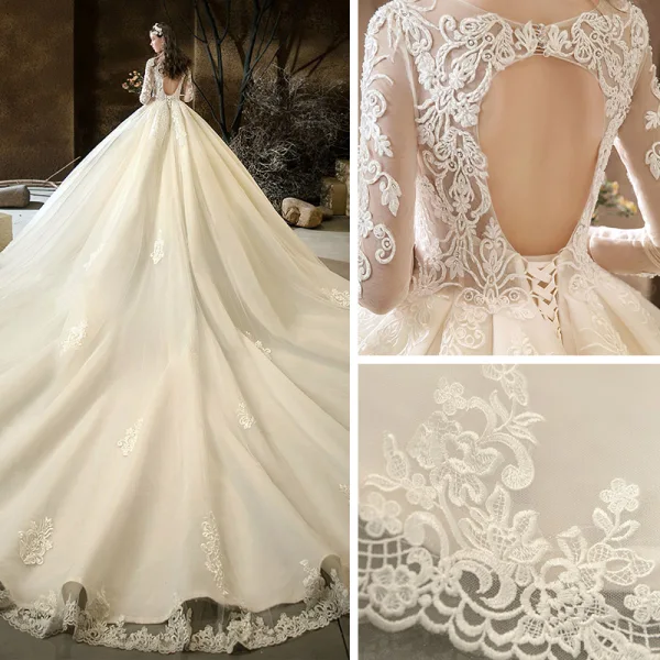 Illusion Champagne See-through Bridal Wedding Dresses 2020 Ball Gown Scoop Neck 3/4 Sleeve Backless Pierced Appliques Lace Beading Cathedral Train Ruffle