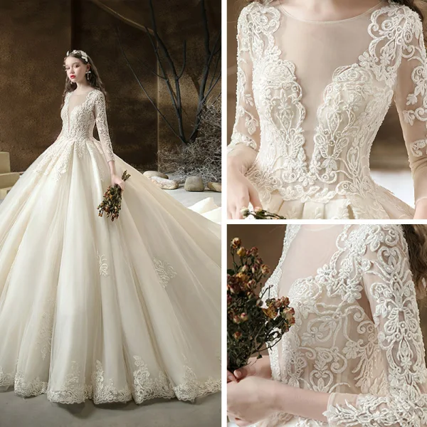 Illusion Champagne See-through Bridal Wedding Dresses 2020 Ball Gown Scoop Neck 3/4 Sleeve Backless Pierced Appliques Lace Beading Cathedral Train Ruffle