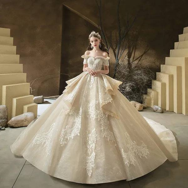 Luxury / Gorgeous Champagne Bridal Wedding Dresses 2020 Ball Gown Off-The-Shoulder Short Sleeve Backless Appliques Lace Beading Royal Train Ruffle