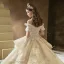 Luxe Champagne La Mariée Robe De Mariée 2020 Robe Boule De l'épaule Manches Courtes Dos Nu Appliques En Dentelle Perlage Royal Train Volants