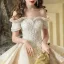 Luxe Champagne La Mariée Robe De Mariée 2020 Robe Boule De l'épaule Manches Courtes Dos Nu Appliques En Dentelle Perlage Royal Train Volants