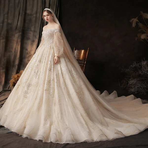 Victorian Style Champagne Bridal Wedding Dresses 2020 Ball Gown Off-The-Shoulder Puffy Long Sleeve Backless Appliques Sequins Beading Glitter Tulle Cathedral Train Ruffle