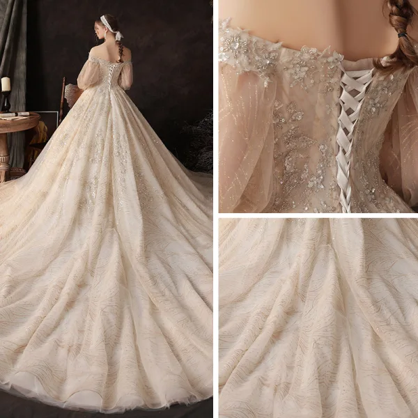 Victorian Style Champagne Bridal Wedding Dresses 2020 Ball Gown Off-The-Shoulder Puffy Long Sleeve Backless Appliques Sequins Beading Glitter Tulle Cathedral Train Ruffle