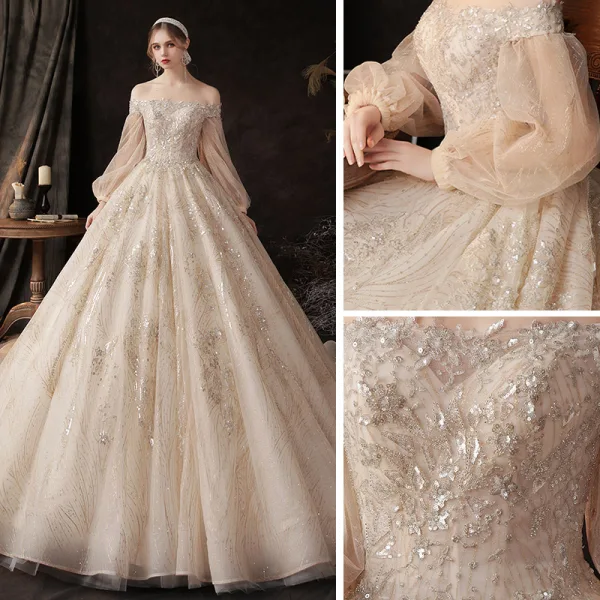 Victorian Style Champagne Bridal Wedding Dresses 2020 Ball Gown Off-The-Shoulder Puffy Long Sleeve Backless Appliques Sequins Beading Glitter Tulle Cathedral Train Ruffle