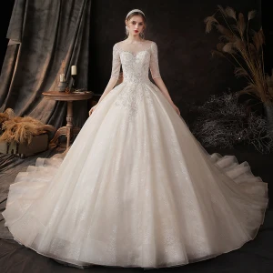 Chic Beautiful Champagne See Through Bridal Wedding Dresses 2020 Ball Gown Scoop Neck 1 2 Sleeves Backless Appliques Sequins Beading Chapel Train Ruffle
