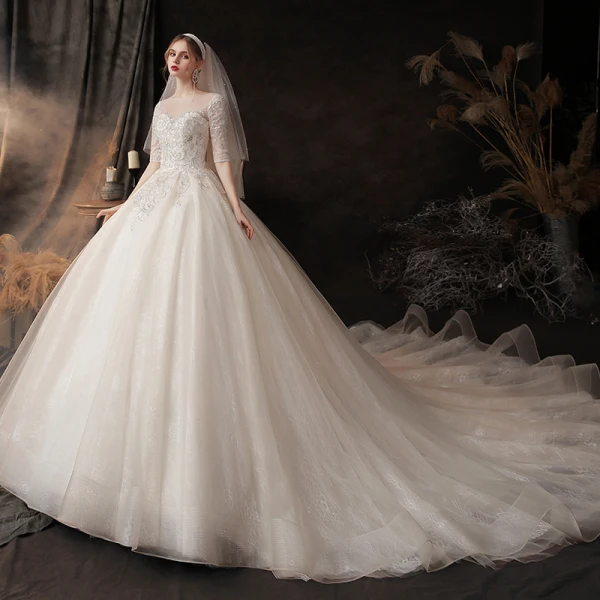 Chic / Belle Champagne Transparentes La Mariée Robe De Mariée 2020 Robe Boule Encolure Dégagée 1/2 Manches Dos Nu Appliques Paillettes Perlage Chapel Train Volants