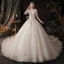 Chic / Belle Champagne Transparentes La Mariée Robe De Mariée 2020 Robe Boule Encolure Dégagée 1/2 Manches Dos Nu Appliques Paillettes Perlage Chapel Train Volants