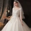 Chic / Belle Champagne Transparentes La Mariée Robe De Mariée 2020 Robe Boule Encolure Dégagée 1/2 Manches Dos Nu Appliques Paillettes Perlage Chapel Train Volants