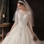 Chic / Belle Champagne Transparentes La Mariée Robe De Mariée 2020 Robe Boule Encolure Dégagée 1/2 Manches Dos Nu Appliques Paillettes Perlage Chapel Train Volants