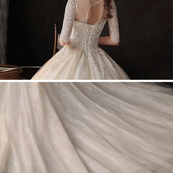 Chic / Belle Champagne Transparentes La Mariée Robe De Mariée 2020 Robe Boule Encolure Dégagée 1/2 Manches Dos Nu Appliques Paillettes Perlage Chapel Train Volants