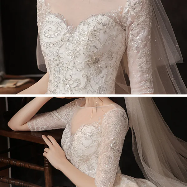 Chic / Belle Champagne Transparentes La Mariée Robe De Mariée 2020 Robe Boule Encolure Dégagée 1/2 Manches Dos Nu Appliques Paillettes Perlage Chapel Train Volants