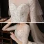 Chic / Belle Champagne Transparentes La Mariée Robe De Mariée 2020 Robe Boule Encolure Dégagée 1/2 Manches Dos Nu Appliques Paillettes Perlage Chapel Train Volants