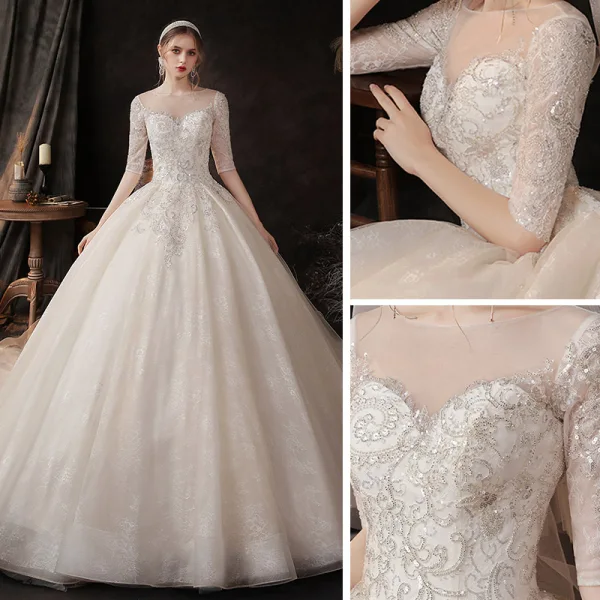Chic / Belle Champagne Transparentes La Mariée Robe De Mariée 2020 Robe Boule Encolure Dégagée 1/2 Manches Dos Nu Appliques Paillettes Perlage Chapel Train Volants