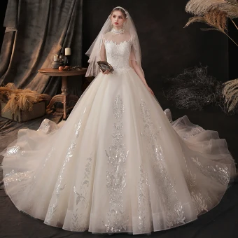Vintage Retro Champagne See Through Bridal Wedding Dresses 2020 Ball Gown High Neck 1 2 Sleeves Backless Appliques Lace Beading Cathedral Train Ruffle